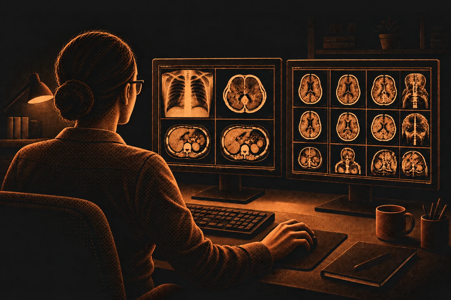 Radiologista na sala de laudos, diante dos monitores